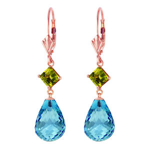 14K. GOLD LEVER BACK EARRING WITH PERIDOT & BLUE TOPAZ (Rose Gold)